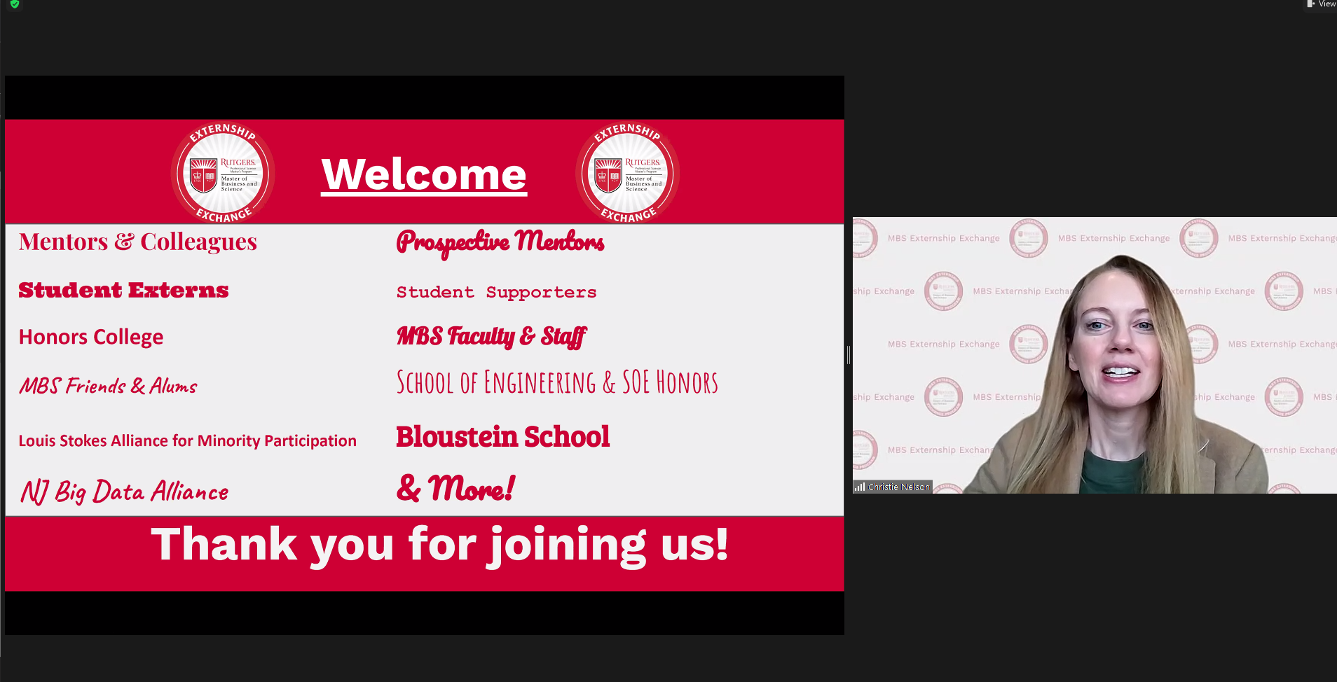 MBS faculty on zoom with welcome slide