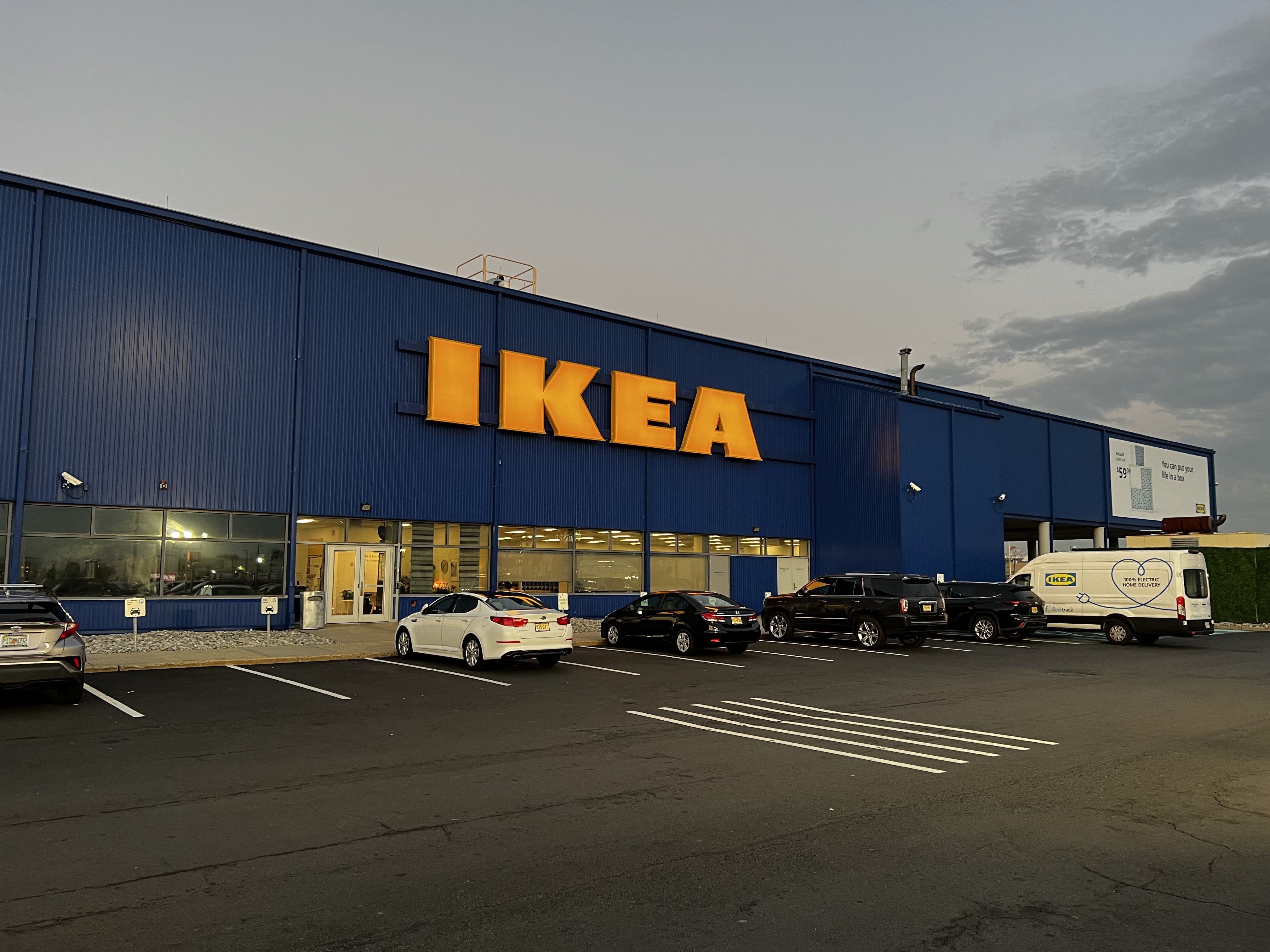 Outside of IKEA store. IKEA letters are visibly displayed.