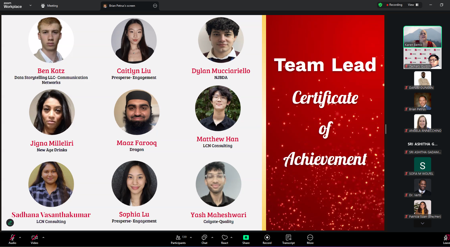 slide with team lead certificate of achievement recipients