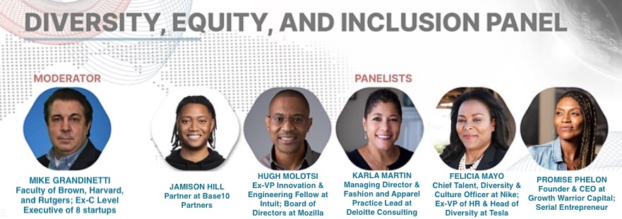 five panelists and moderator for DEI event