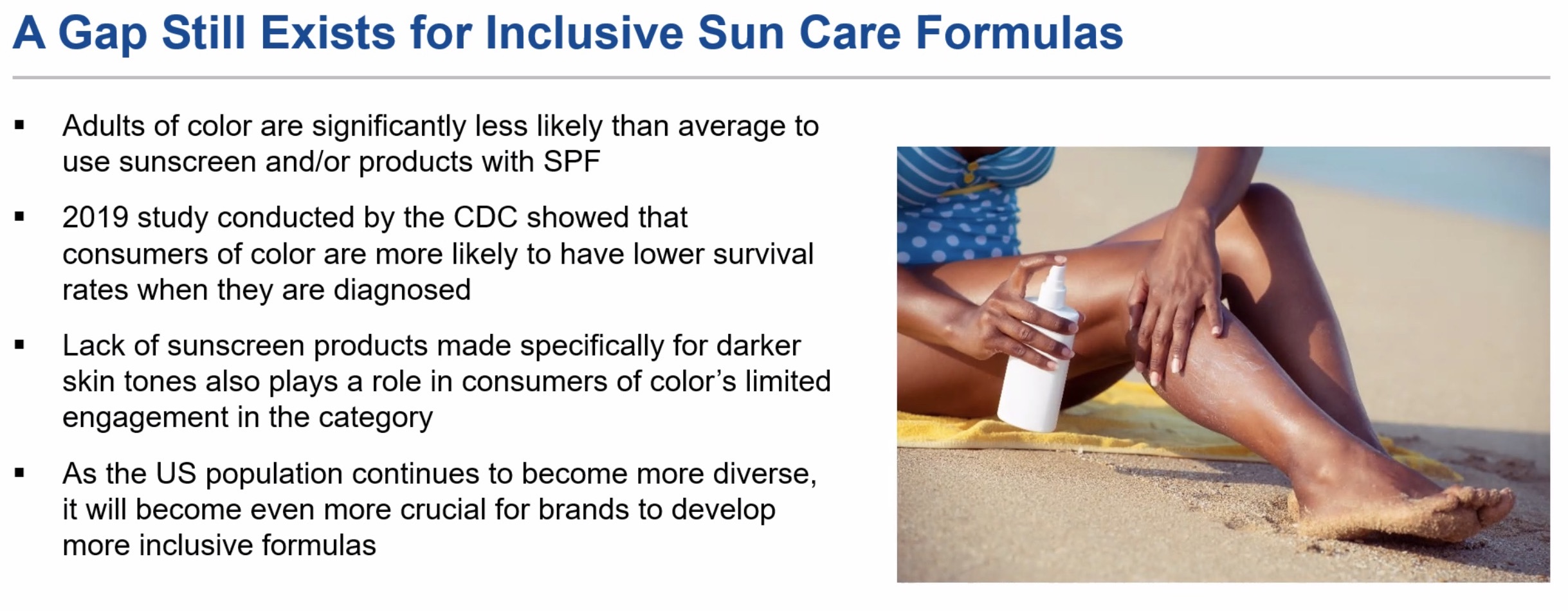 chart displaying bullet points of statistics about sun care use among adults of color