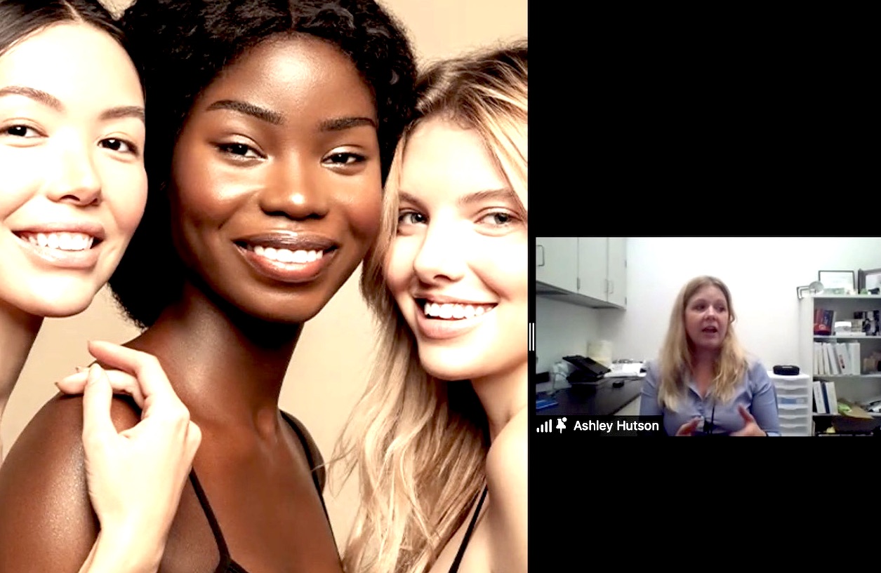 female scientist explaining image of racially diverse models for the beauty industry