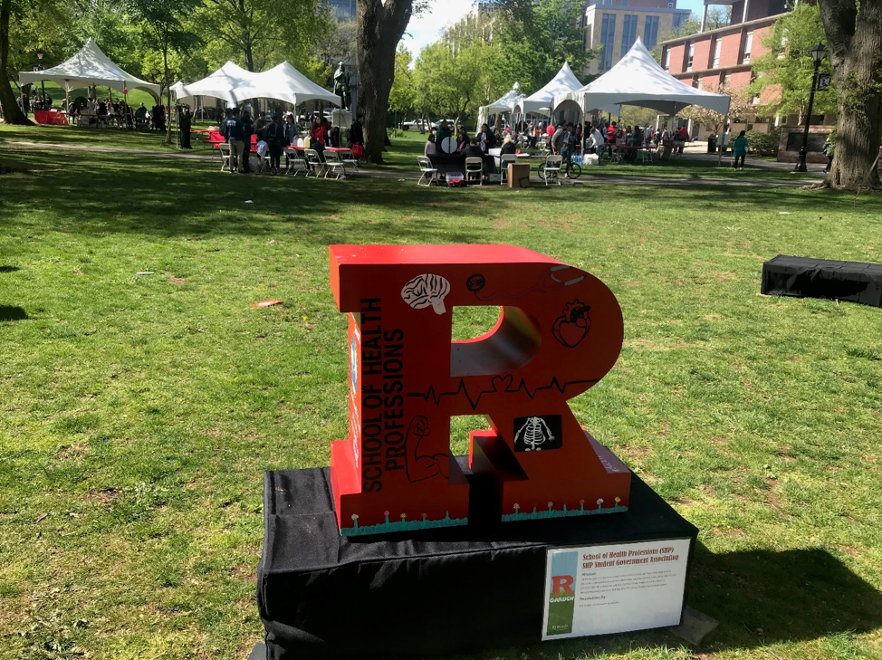 School of Health Professions expresses its love for Rutgers by decorating the R with health symbols