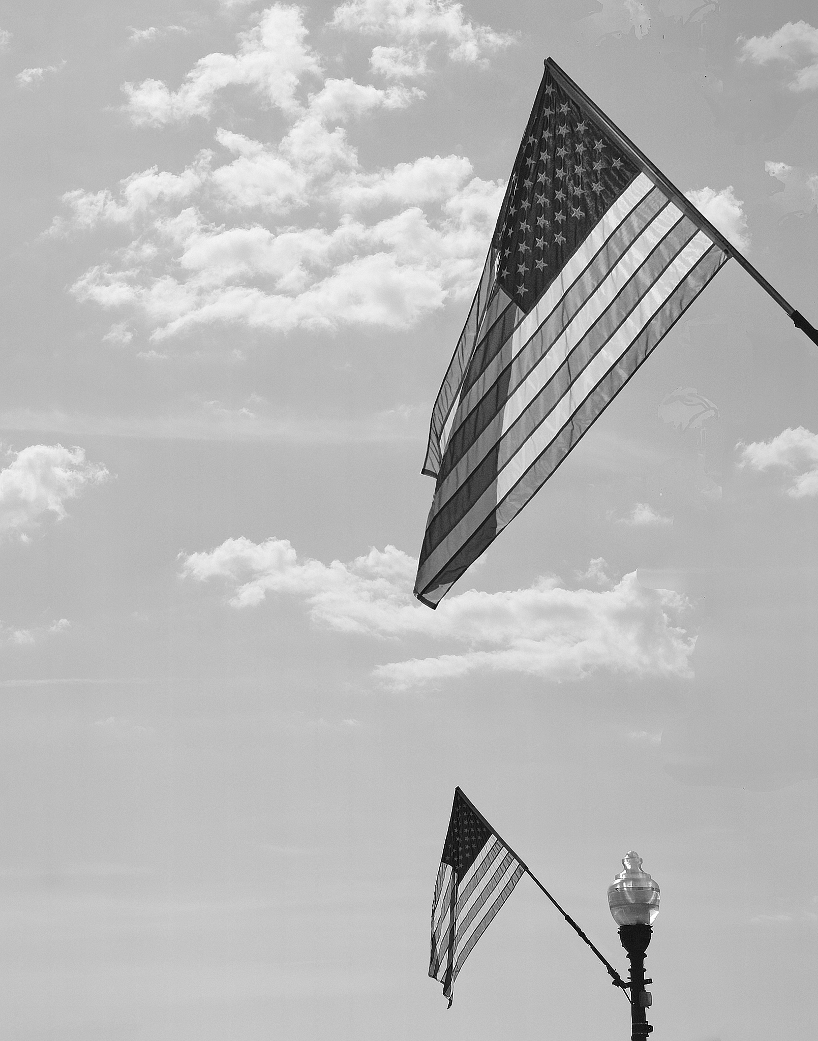 Black and white photo of two flags against the sky