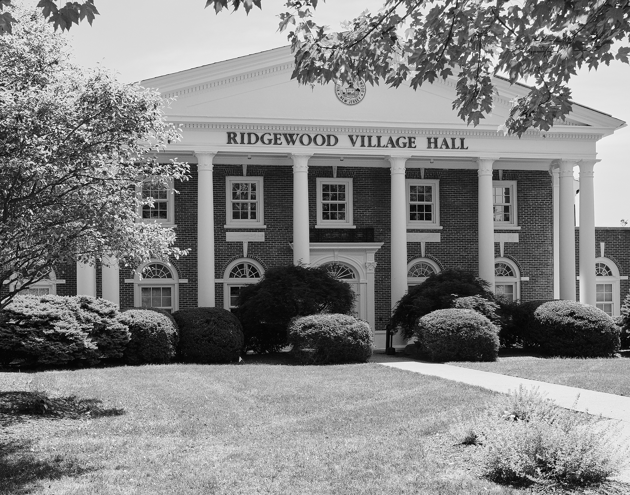 Black and white photo of Village Hall building