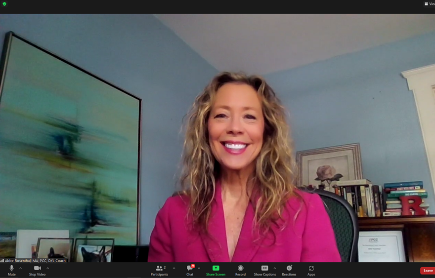 Abbe Rosenthal leading the Zoom meeting, “Virtual Friday: Lead with your Destination.”