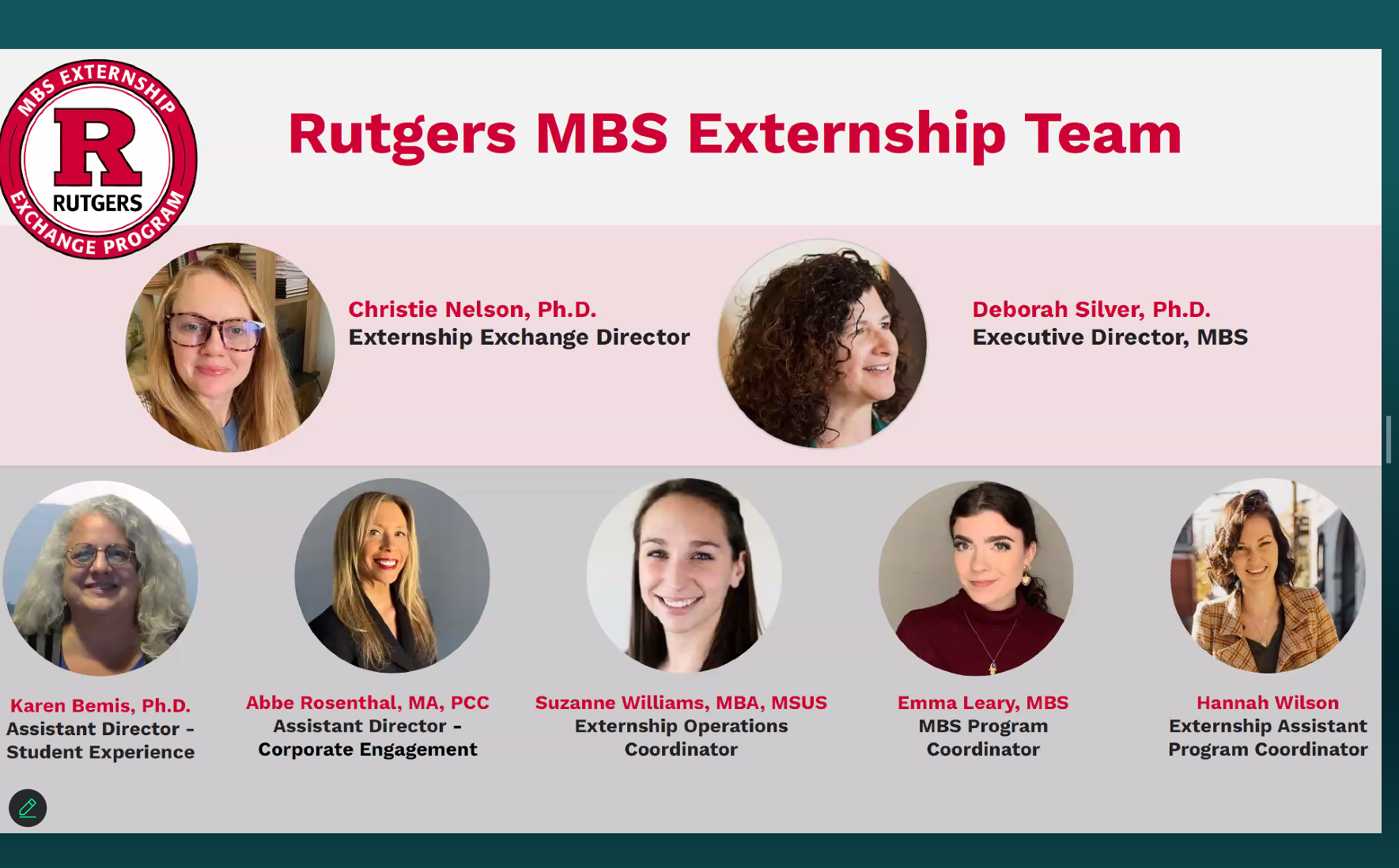 An introduction slide featuring the Rutgers MBS Externship Team