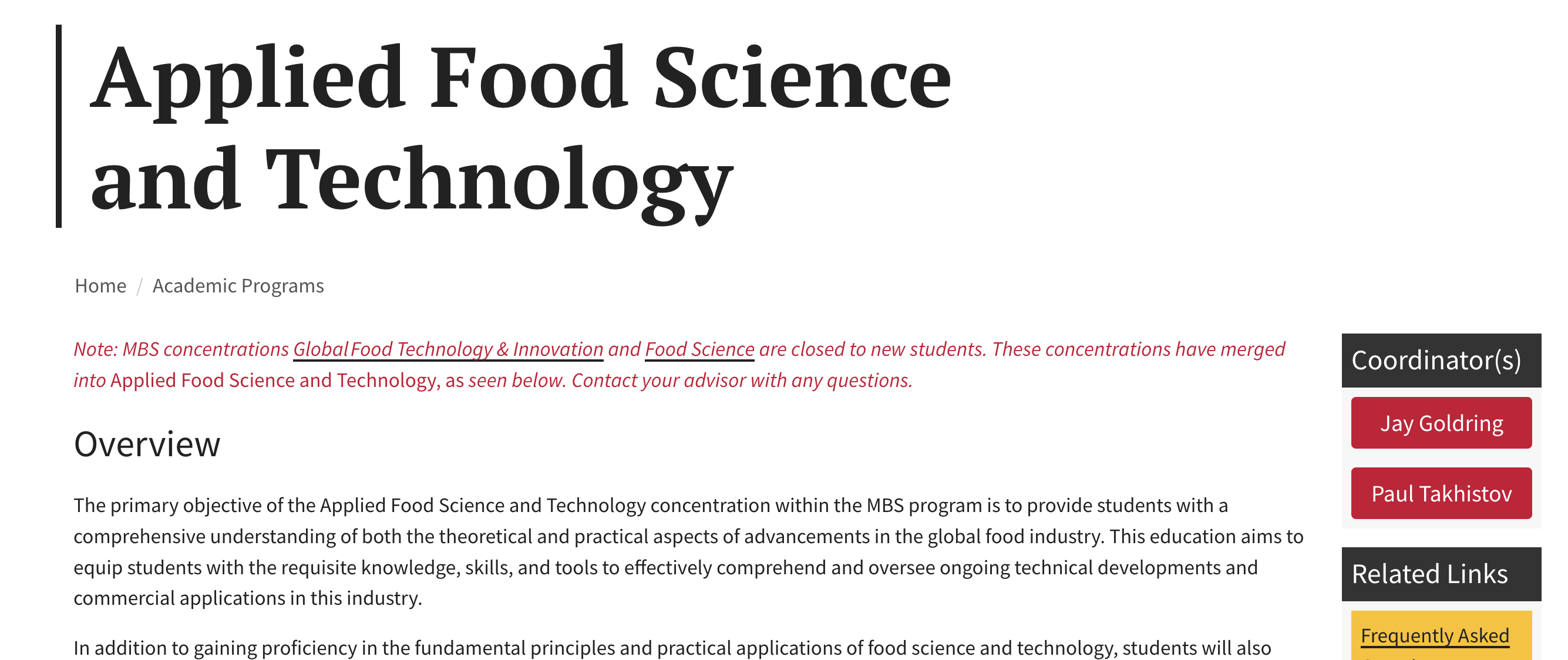 screenshot of applied food science concentration page